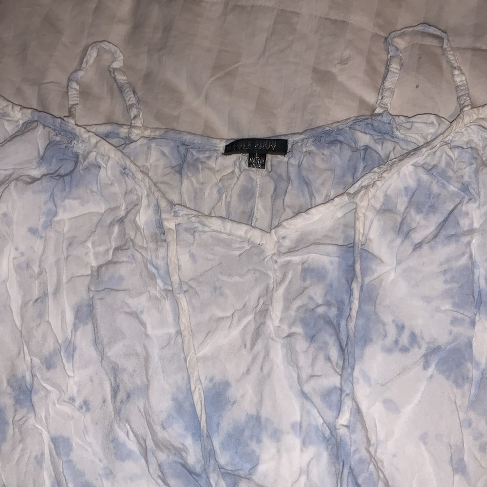 Large Flowy Tie Dye cropped cold shoulder blouse by Style Envy blue and white - Picture 5 of 5